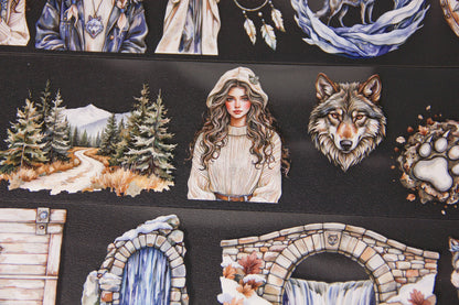 Winter Wolf Witch Journal Stickers Wolf Queen Fantasy Women Pet Tape Craft Supplies Planner for Creative Projects