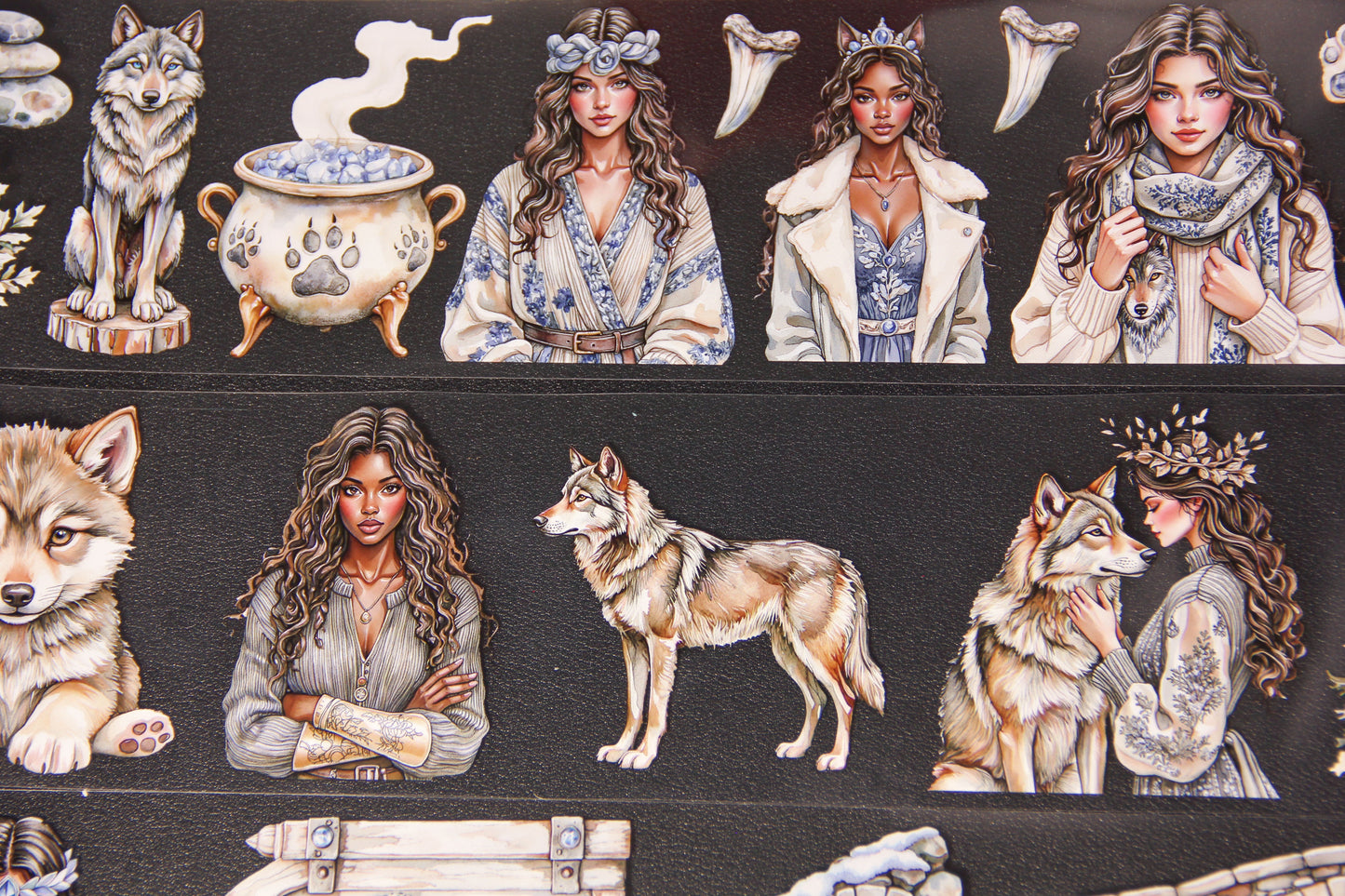 Winter Wolf Witch Journal Stickers Wolf Queen Fantasy Women Pet Tape Craft Supplies Planner for Creative Projects