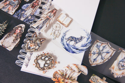 Winter Wolf Witch Journal Stickers Wolf Queen Fantasy Women Pet Tape Craft Supplies Planner for Creative Projects